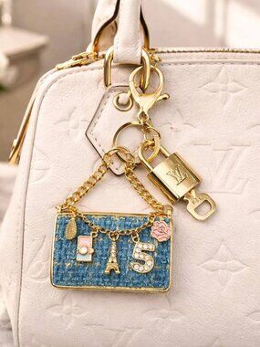 Authentic Louis Vuitton Padlock & Key Gold ✨Unbranded Tweed Bag Charm Keychain
